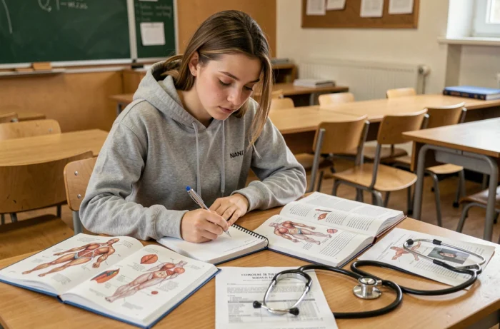 Étudiante en formation ambulancier révisant ses cours théoriques dans une salle de classe en Belgique