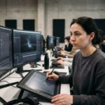 Étudiante en effets spéciaux numériques travaillant sur un logiciel de simulation 3D dans un laboratoire VFX d'école de cinéma