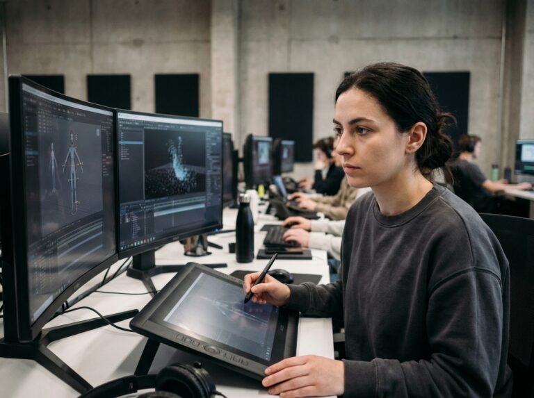Étudiante en effets spéciaux numériques travaillant sur un logiciel de simulation 3D dans un laboratoire VFX d'école de cinéma