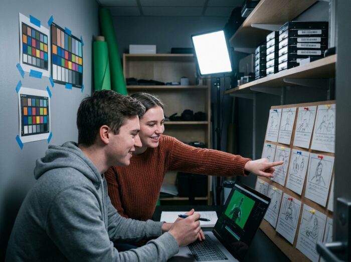 Deux étudiants en post-production collaborant sur un projet d'effets spéciaux numériques avec fond vert et story-board dans une école de cinéma