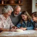 Grand-mère et petite-fille préparant de la pâte ensemble dans une cuisine familiale chaleureuse avec père et fils en arrière-plan