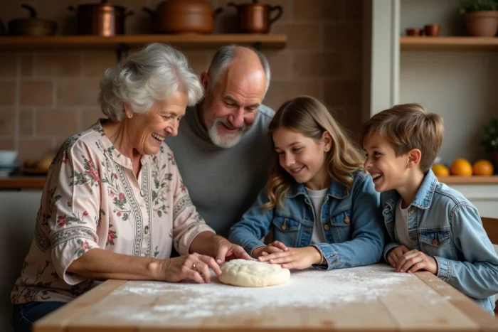 Grand-mère et petite-fille préparant de la pâte ensemble dans une cuisine familiale chaleureuse avec père et fils en arrière-plan