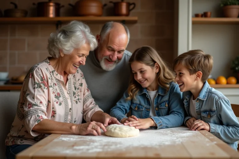 Grand-mère et petite-fille préparant de la pâte ensemble dans une cuisine familiale chaleureuse avec père et fils en arrière-plan