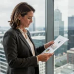 Femme d'affaires analysant des graphiques et tendances économiques dans un bureau moderne avec vue sur la ville