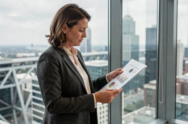 Femme d'affaires analysant des graphiques et tendances économiques dans un bureau moderne avec vue sur la ville