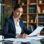 Femme d'affaires consultant des documents juridiques dans un bureau professionnel européen moderne