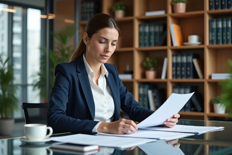 Femme d'affaires consultant des documents juridiques dans un bureau professionnel européen moderne