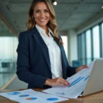 Femme d'affaires analysant des graphiques de croissance dans une salle de réunion moderne