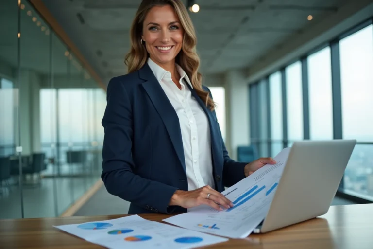Femme d'affaires analysant des graphiques de croissance dans une salle de réunion moderne