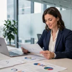 Femme d'affaires professionnelle analysant des rapports dans un bureau moderne avec vue sur la ville