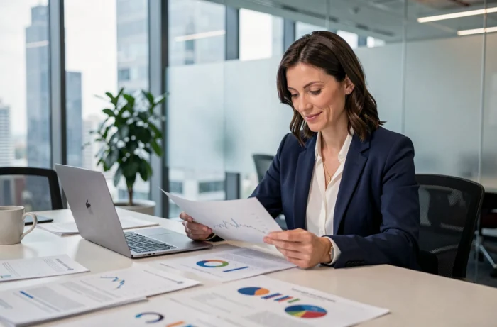 Femme d'affaires professionnelle analysant des rapports dans un bureau moderne avec vue sur la ville