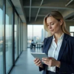 Femme d'affaires professionnelle consultant des graphiques de tendances business sur une tablette dans un bureau moderne avec vue sur la ville