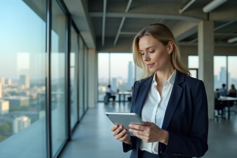 Femme d'affaires professionnelle consultant des graphiques de tendances business sur une tablette dans un bureau moderne avec vue sur la ville