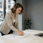 Femme professionnelle de l'immobilier analysant des plans architecturaux dans un bureau moderne et lumineux
