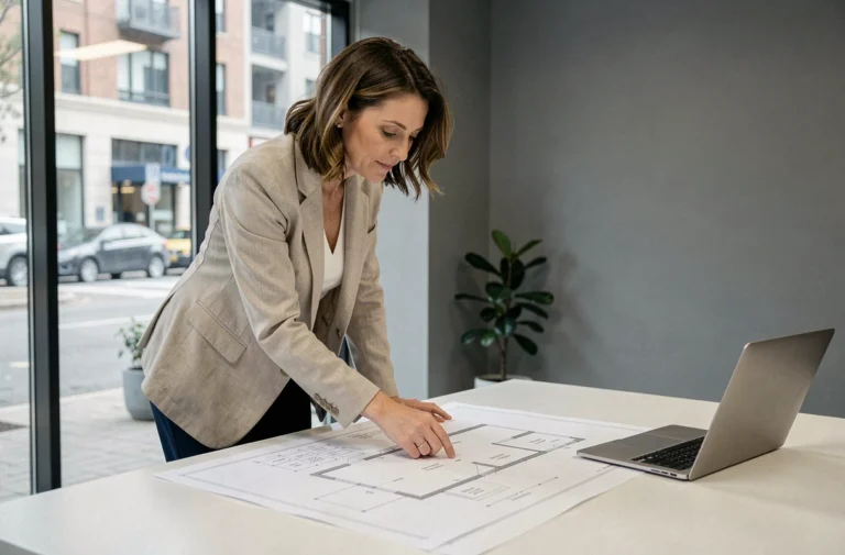 Femme professionnelle de l'immobilier analysant des plans architecturaux dans un bureau moderne et lumineux