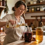 Femme versant de l'alcool de fruits Leclerc dans un bocal de cerises conservées dans une cuisine rustique française