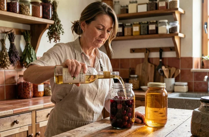 Femme versant de l'alcool de fruits Leclerc dans un bocal de cerises conservées dans une cuisine rustique française