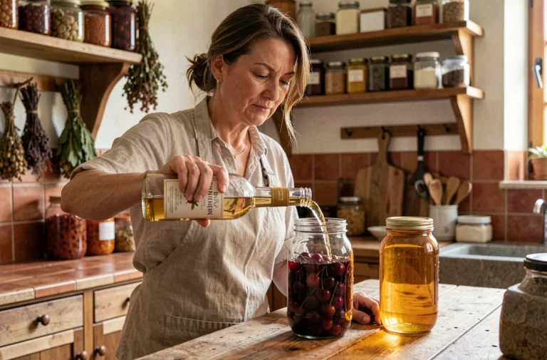 Femme versant de l'alcool de fruits Leclerc dans un bocal de cerises conservées dans une cuisine rustique française