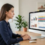 Une professionnelle analysant des données de référencement naturel sur un écran d'ordinateur dans un bureau moderne