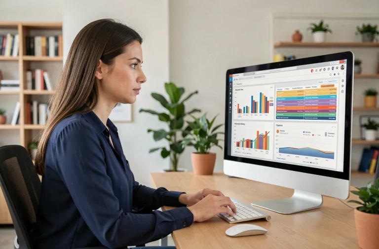 Une professionnelle analysant des données de référencement naturel sur un écran d'ordinateur dans un bureau moderne