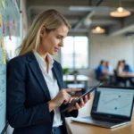 Femme cadre en blazer marine pointant un tableau de transformation digitale dans un bureau moderne avec sticky notes et diagrammes de processus