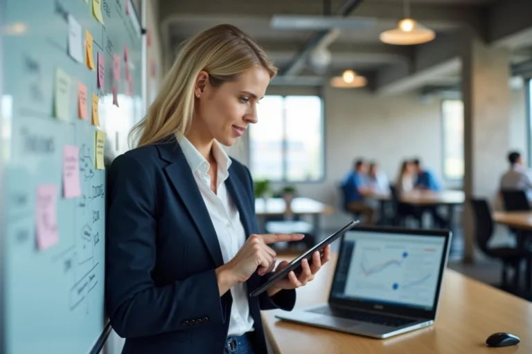 Femme cadre en blazer marine pointant un tableau de transformation digitale dans un bureau moderne avec sticky notes et diagrammes de processus