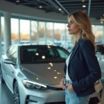 Femme examinant une berline argentée dans une salle d'exposition automobile moderne en 2024