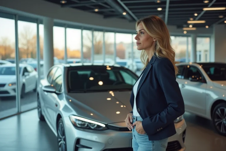 Femme examinant une berline argentée dans une salle d'exposition automobile moderne en 2024