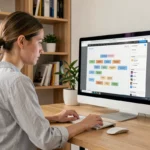 Femme consultant la liste complète des pages d'un site web sur un ordinateur de bureau en home office