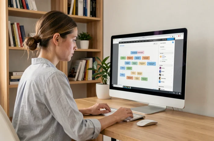 Femme consultant la liste complète des pages d'un site web sur un ordinateur de bureau en home office