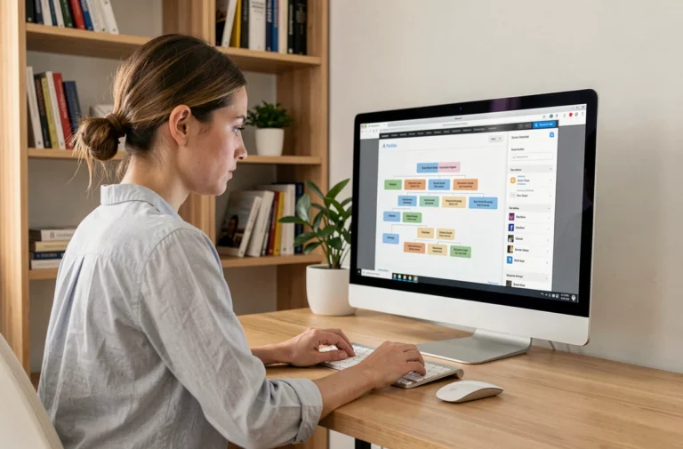 Femme consultant la liste complète des pages d'un site web sur un ordinateur de bureau en home office