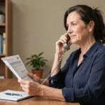 Femme d'âge mûr contactant sa mutuelle par téléphone depuis son bureau à domicile avec des documents d'assurance
