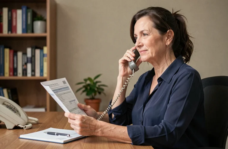 Femme d'âge mûr contactant sa mutuelle par téléphone depuis son bureau à domicile avec des documents d'assurance