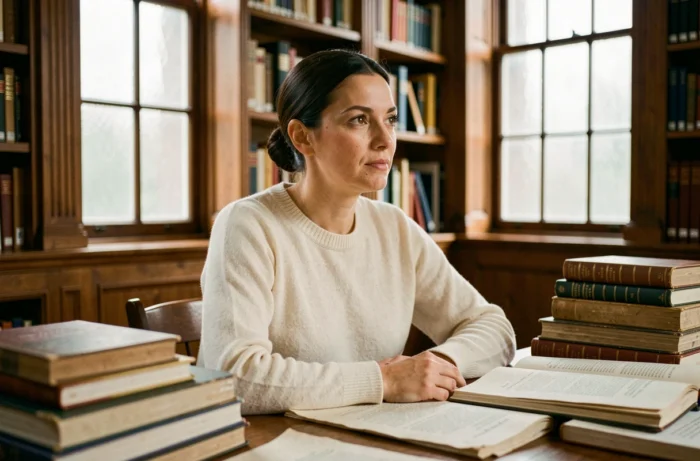 Femme intellectuelle assise dans une bibliothèque classique entourée de livres, évoquant le parcours académique discret d'une personnalité de l'ombre