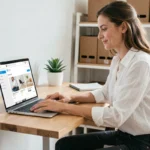 Femme entrepreneur gérant sa boutique en ligne sur un laptop dans un bureau moderne et organisé