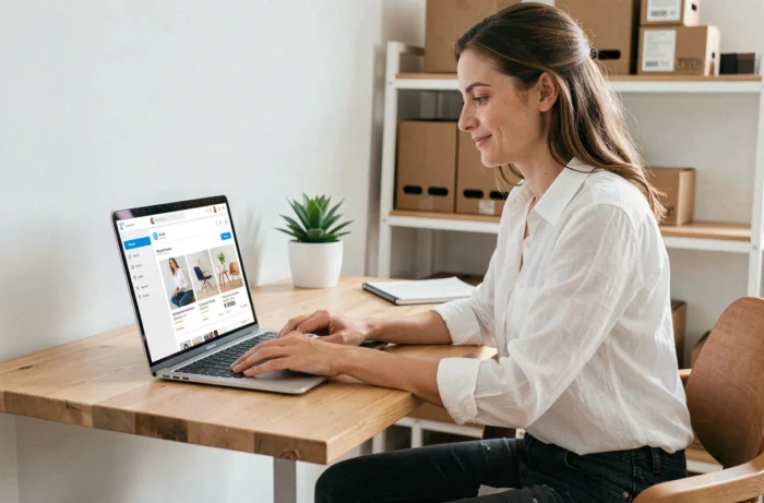 Femme entrepreneur gérant sa boutique en ligne sur un laptop dans un bureau moderne et organisé