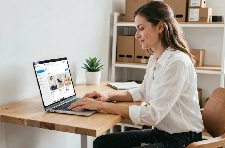 Femme entrepreneur gérant sa boutique en ligne sur un laptop dans un bureau moderne et organisé