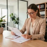 Femme en blazer beige examinant un contrat de location dans une agence immobilière moderne