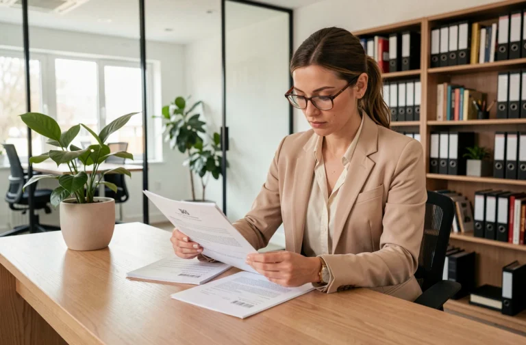 Femme en blazer beige examinant un contrat de location dans une agence immobilière moderne