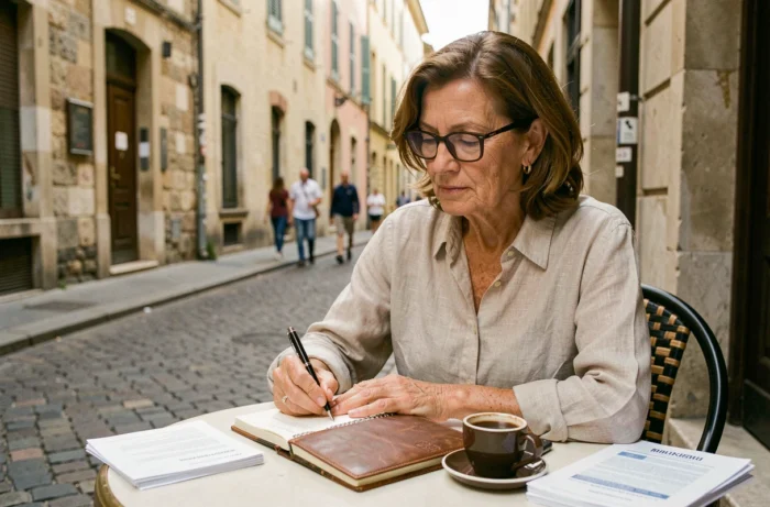 Femme expatriée à la retraite prenant des notes dans un carnet dans un café de vieille ville européenne pour organiser sa retraite à l'étranger