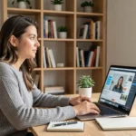 Femme concentrée suivant une formation en ligne sur un ordinateur portable dans un bureau à domicile moderne et organisé