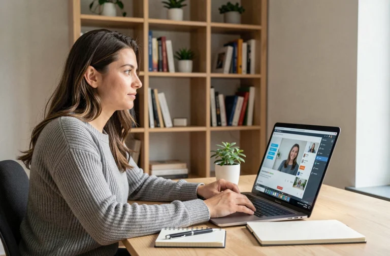 Femme concentrée suivant une formation en ligne sur un ordinateur portable dans un bureau à domicile moderne et organisé