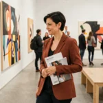 Femme explorant une exposition d'art contemporain dans une galerie moderne avec des œuvres abstraites colorées sur des murs blancs