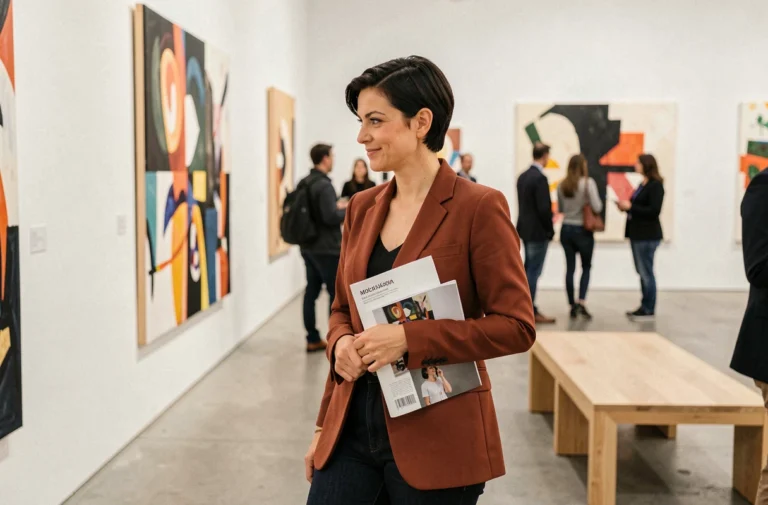 Femme explorant une exposition d'art contemporain dans une galerie moderne avec des œuvres abstraites colorées sur des murs blancs
