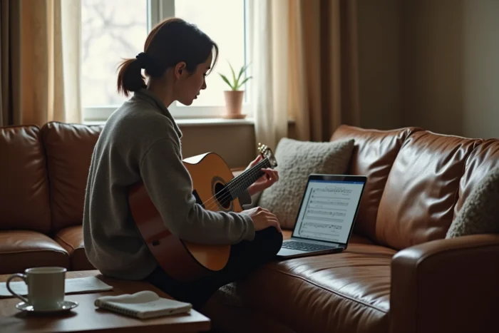 Femme guitariste consultant un site de partitions gratuites sur ordinateur portable dans un salon confortable