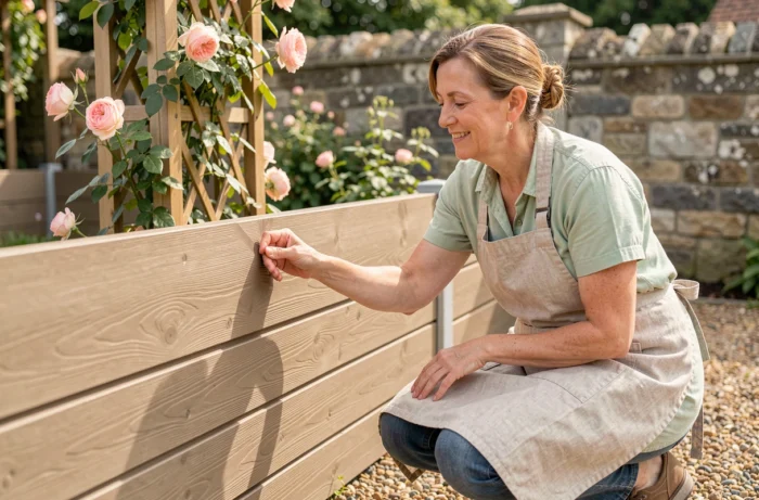 Femme inspectant une clôture de jardin en composite nouvellement posée dans un jardin fleuri avec gravier et rosiers grimpants