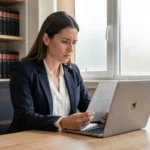Femme juriste consultant un document légal sur son ordinateur portable dans un bureau moderne, illustrant la protection des données personnelles en ligne