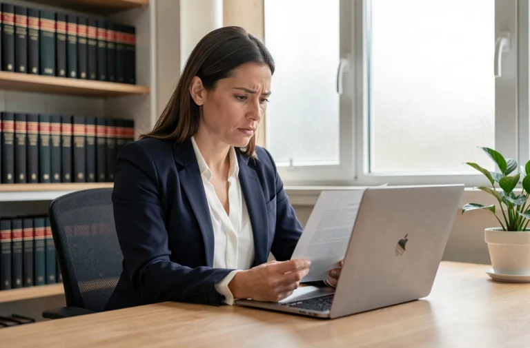 Femme juriste consultant un document légal sur son ordinateur portable dans un bureau moderne, illustrant la protection des données personnelles en ligne
