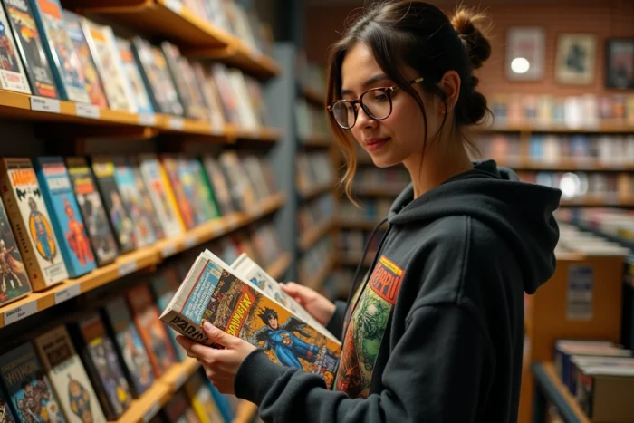 Femme passionnée de bande dessinée et de pop culture parcourant des comics dans une librairie indépendante spécialisée en culture geek