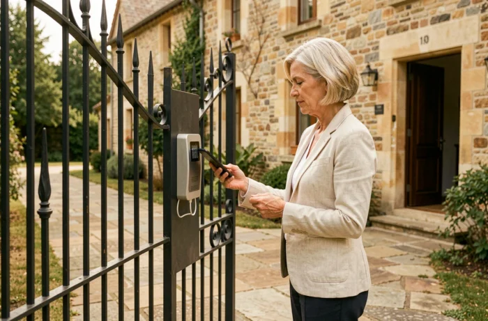 Femme utilisant un interphone connecté pour ouvrir un portail en fer forgé avec portillon intégré devant une maison en pierre